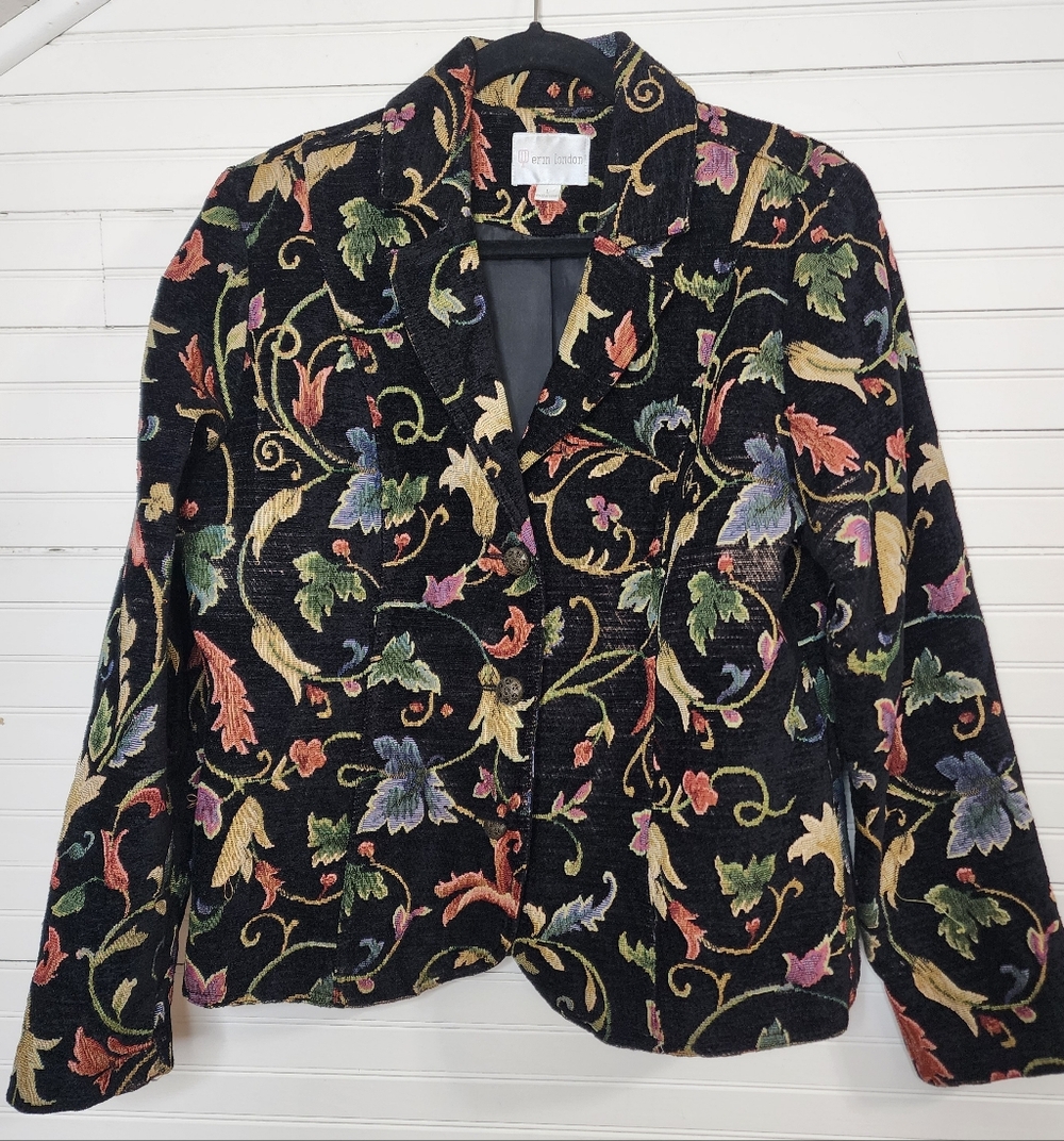 Erin London Tapestry Floral Blazer Jacket Women’s Large Black Multicolor